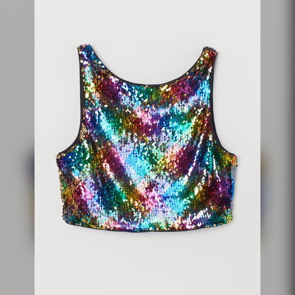 Divided Tops - Multicolored Low-Cut Neckline Sequins Top.